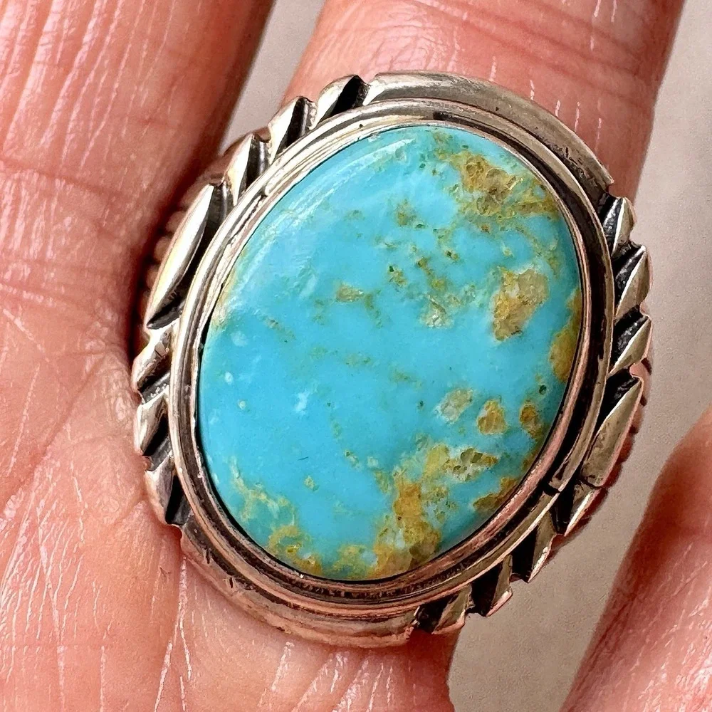 Navajo Mens Turquoise Ring Sz 12 Stamped Signed Denetdale Fans‎ Sterling Native